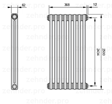 Схема (чертеж) Радиатор Zehnder Charleston 2250/8 №7610 Белый глянцевый RAL 9016